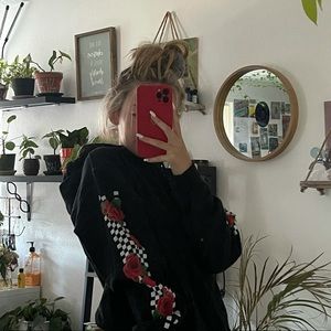 SUPER CITE BLACK HOODIE WITH ROSE AND CHECKED DETAIL // SIZE S //